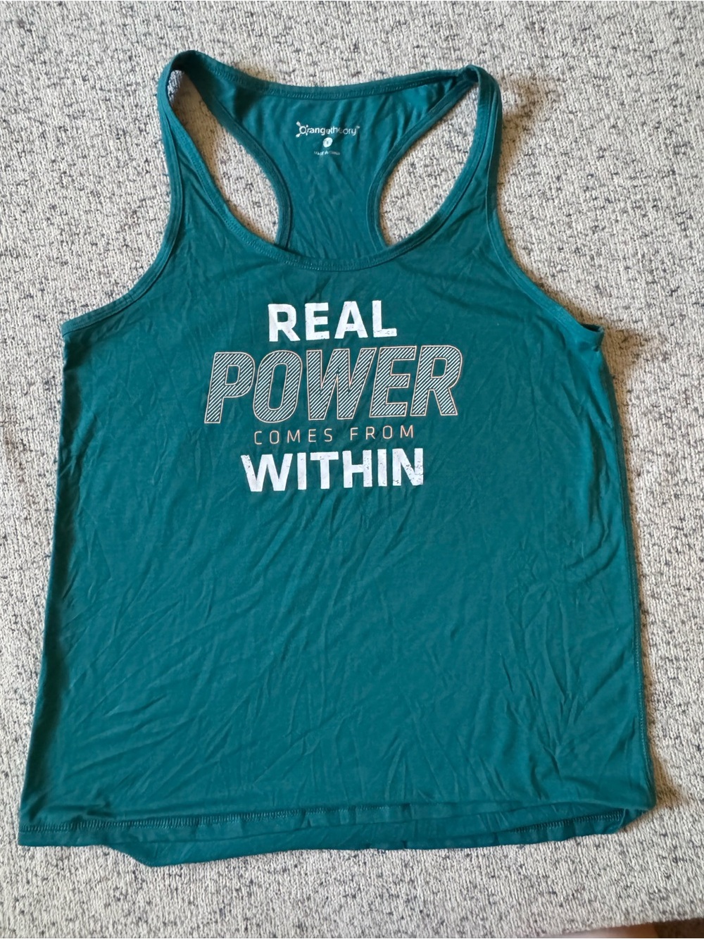 Orangetheory Teal Racerback Tank Top with 'Real Power Comes From Within' Print